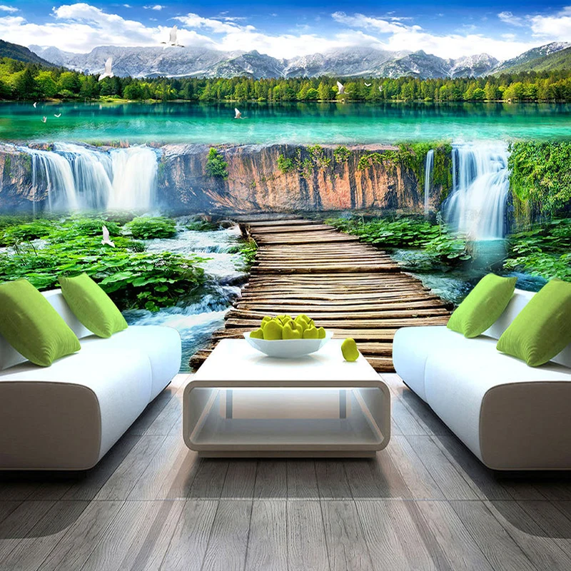 Estilo Chinês Cachoeira Paisagem Papel de Parede Wood Bridge Photo Mural Sala tv Sofá Cobertura de Parede Home Decor