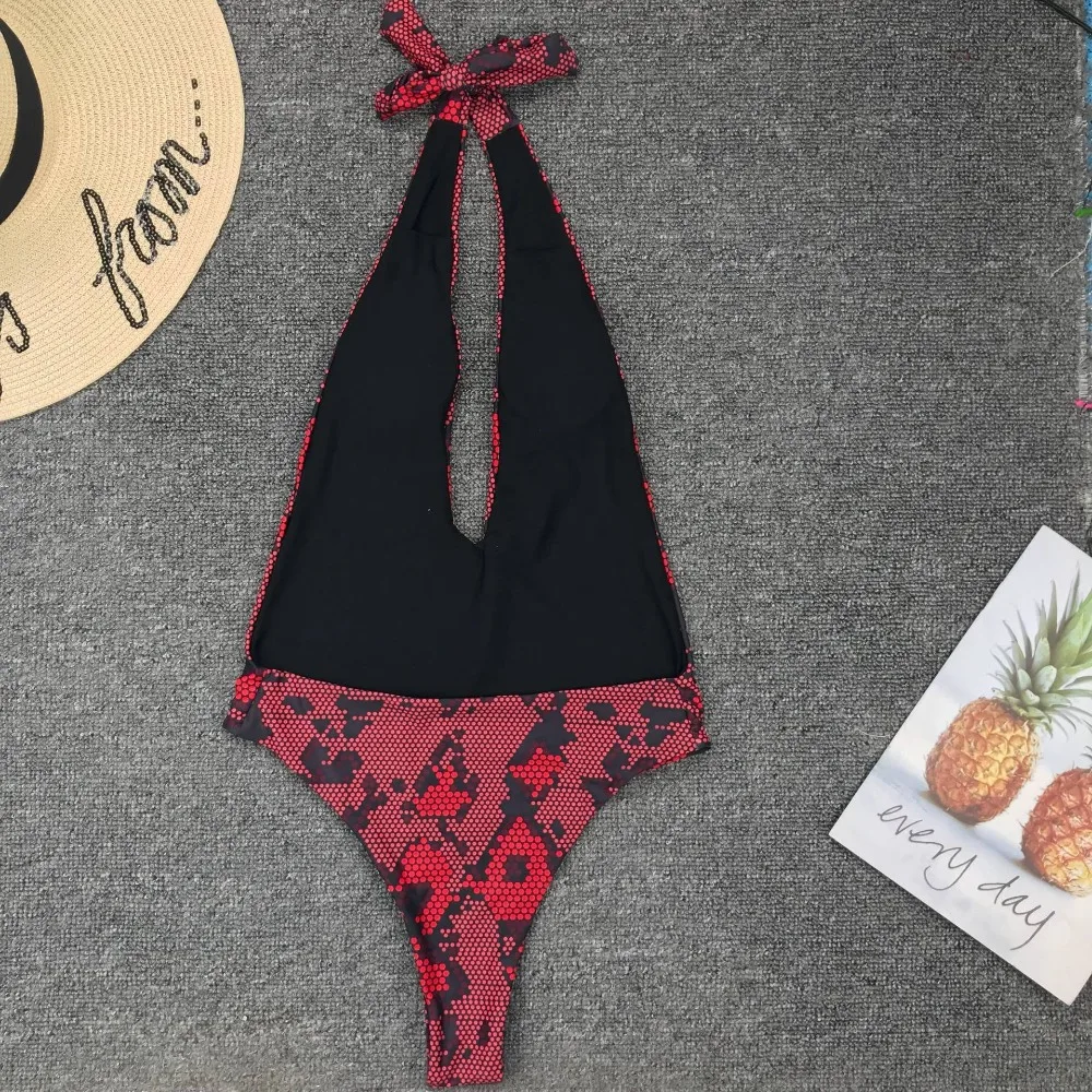 Женский слитный купальник со змеиным принтом сексуальный пуш ап с глубоким v