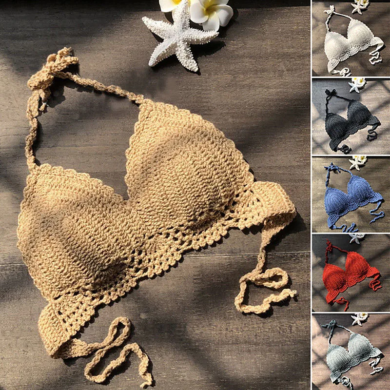 

Women Sexy Deep V-neck Knitting Halter Tank Backless Summer Crochet Knit Beach Bra Crop Top