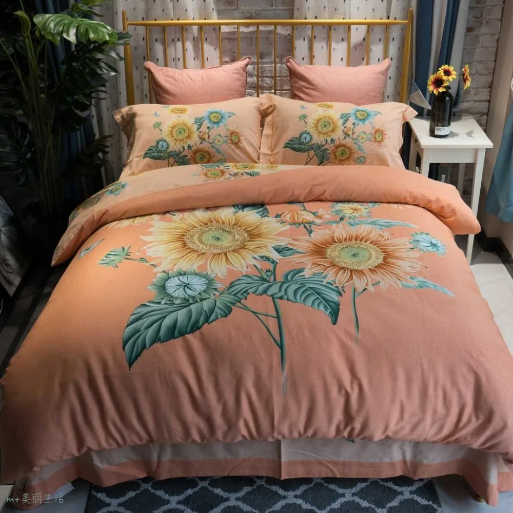 

New 100% cotton Sanding Printed Flower Sunflowr Bedding sets Queen King Wedding Duvet cover Bed sheet set Pillowcases 4pcs