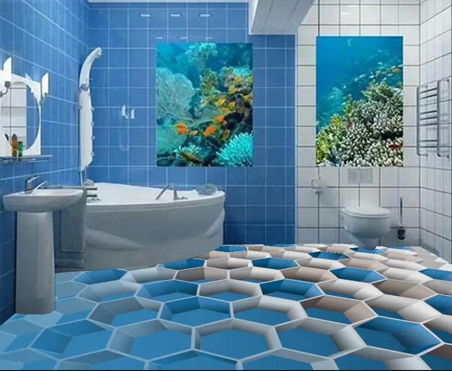 3D напольная плитка для ванной 3d живопись синяя коробка самоклеящееся напольное
