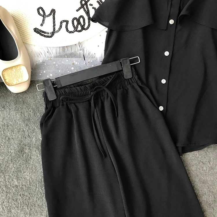 ALPHALMODA/ летний однобортный Топ с оборками+ широкие брюки, Женский повседневный комплект из 2 предметов, женские летние однотонные штаны, костюмы