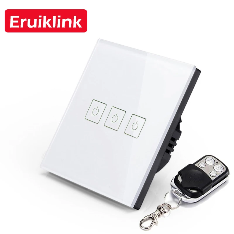white 3gang with RC Eruiklink ЕС/Великобритания стандарт 1 2 3 банды RF433 пульт дистанционного управления настенный сенсорный выключатель, беспроводной пульт дистанционного управления светильник, переключатели умный дом - Цвет: white 3gang with RC