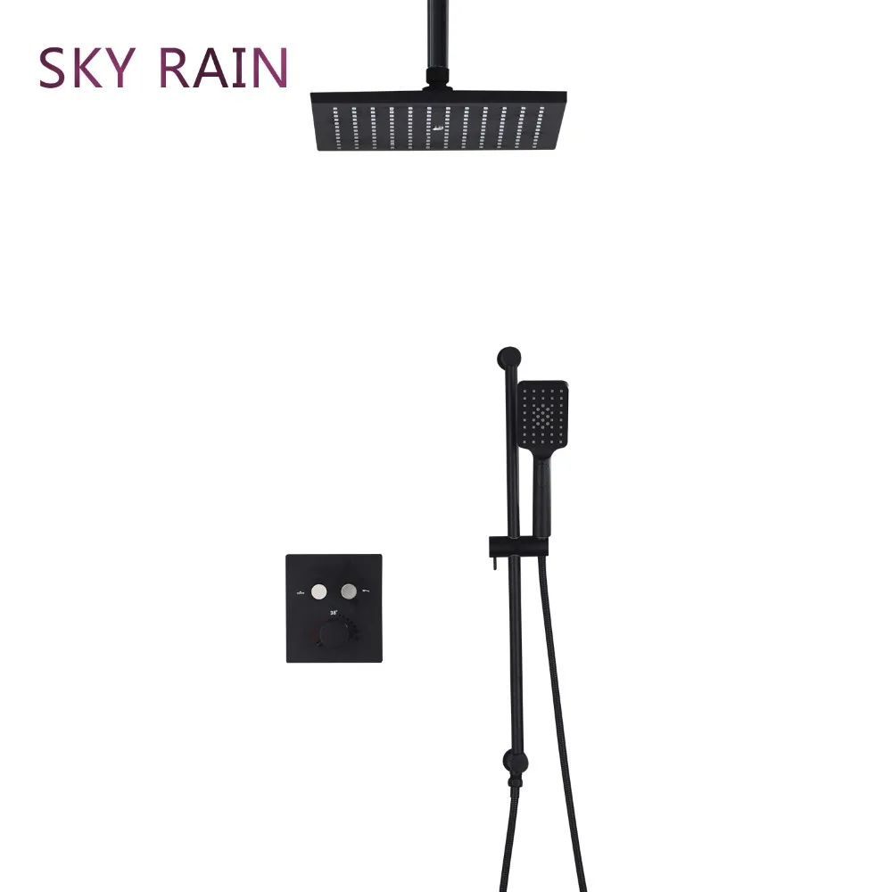Матовый черный термостатический кнопочный смеситель SKY RAIN 10 дюймов Набор насадок
