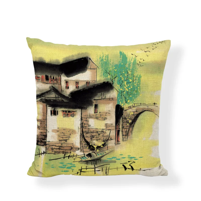 Watercolor Chinese Ancient Town Building Cushion Covers 45 cm Swallow Boat Willow Home Living Room Sofa Decorative Pillow Cases | Дом и сад