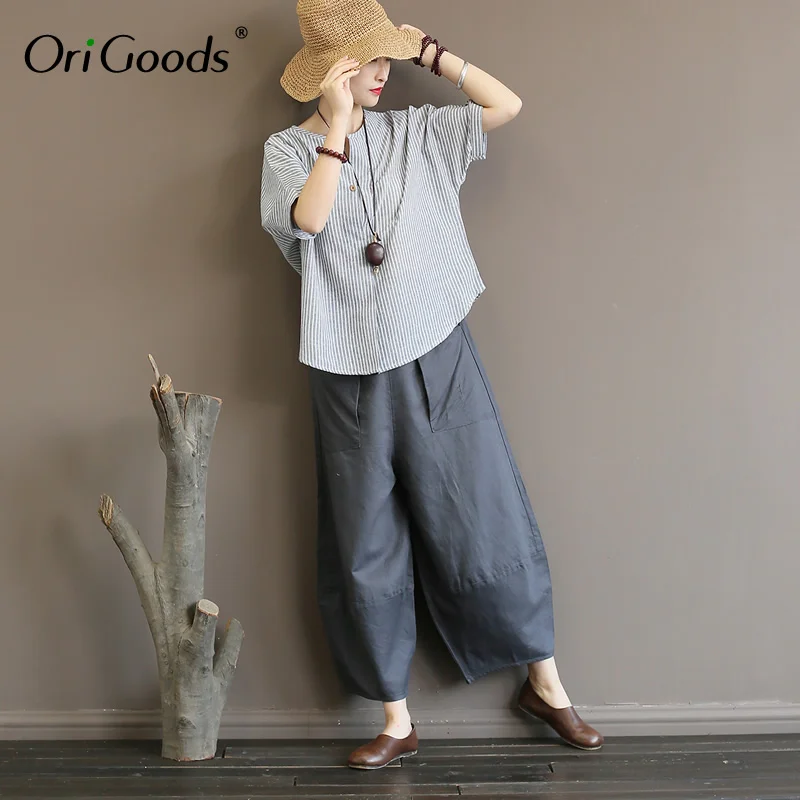 OriGoods Striped Shirt Summer Blouse Women Short sleeve Batwing Loose Causal Plus size Blusas Tops A349 |