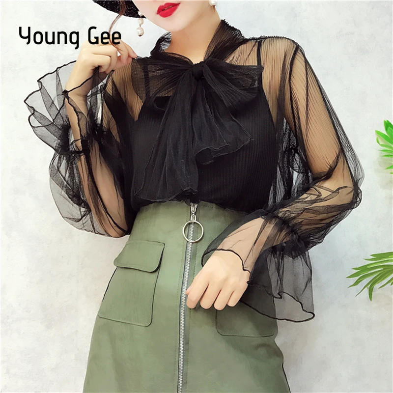 Женская кружевная рубашка Young Gee белая блузка в полоску с широким рукавом и бантом