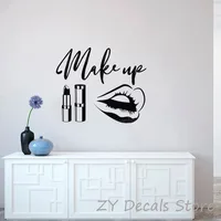 Beauty Salon Wall Stickers MakeUp Quote Wall Decals Make Up Wall Art Lips Decal Sticker Lipstick Brushes Girls Room Decor S683