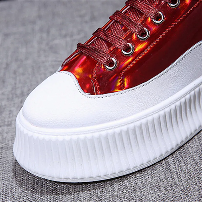2019 New Creeper Sneakers Women Casual Shoes Bright Leather PU Lace-up Wedge Air Platform Pink Silver Chunky Woman | Обувь