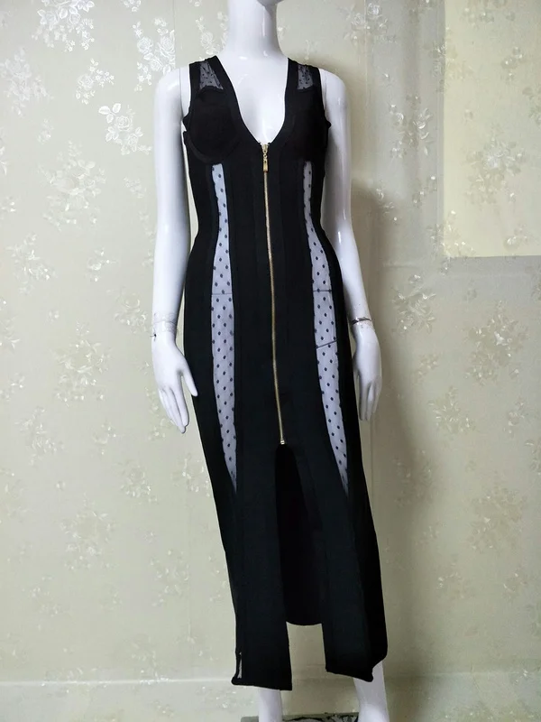 2017 Новый Черный Рукавов V образным Вырезом Сетки Выдалбливают Передняя Молния