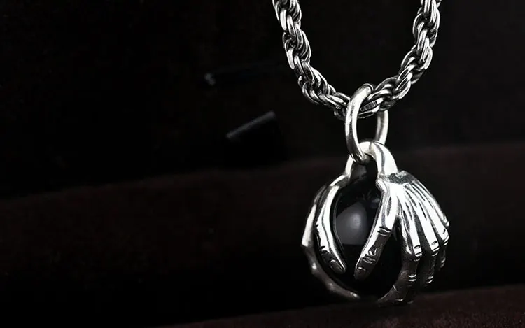 FNJ 925 Серебряный кулон, двойная рука, черный шар, тон, чистый S925, оригинальные тайские серебряные подвески для женщин и мужчин, изготовление ювелирных изделий