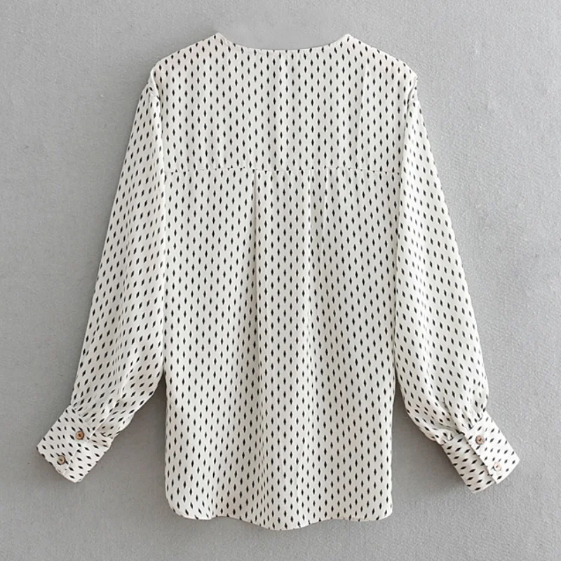 Women Geometric Print Loose Blouse V Neck Long Sleeve Asymmetrical Design Pleated Shirts Female Casual White Tops FFZSY105 |