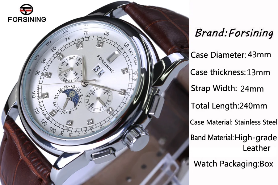 Часы наручные Forsining Мужские механические брендовые Роскошные автоматические с