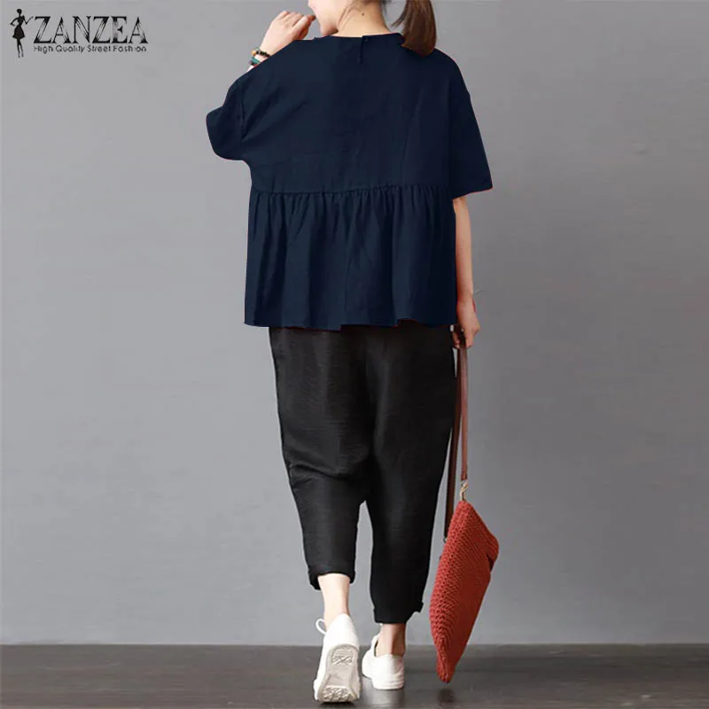 Plus Size ZANZEA Women O Neck Pleated Short Sleeve Tops Loose Baggy Blusas Solid Summer Cotton Linen Blouse Work OL Shirt 2018 |