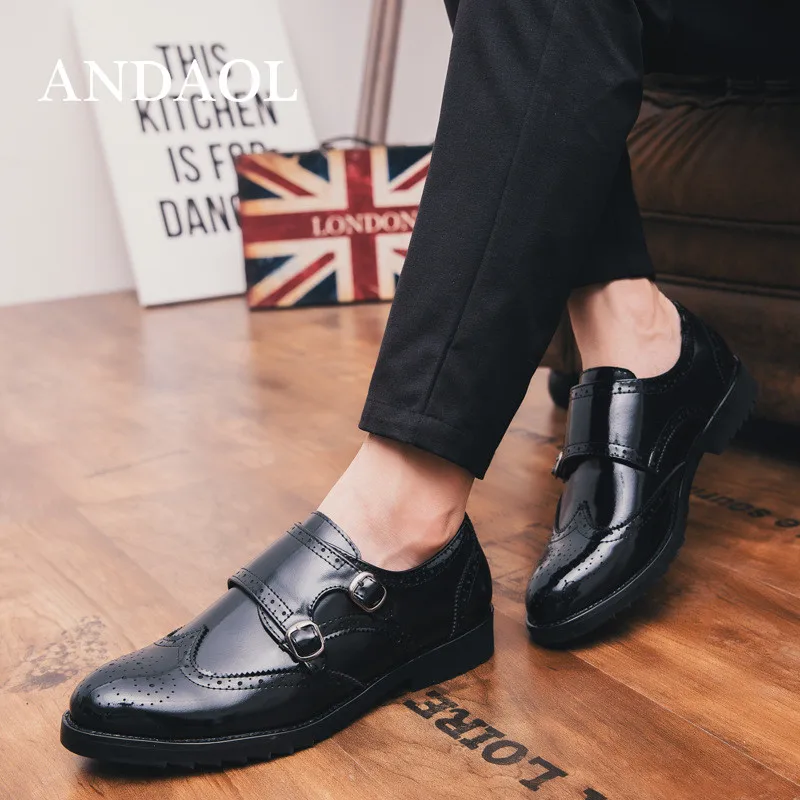 ANDAOL Men's Leather Casual Shoes New Double Belt Buckle Bright Breathable Oxfords Luxury Business Office Slip-On | Обувь