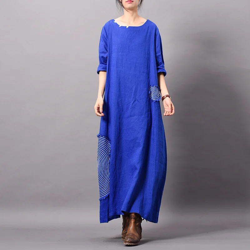 Платье из хлопка и льна женское винтажное платье 2019 весеннее новое с круглым