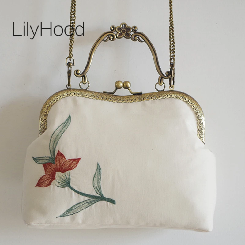 Bolso de mano con bordado Floral Kisslock para mujer, hecha a mano bandolera Vintage, elegante, Retro