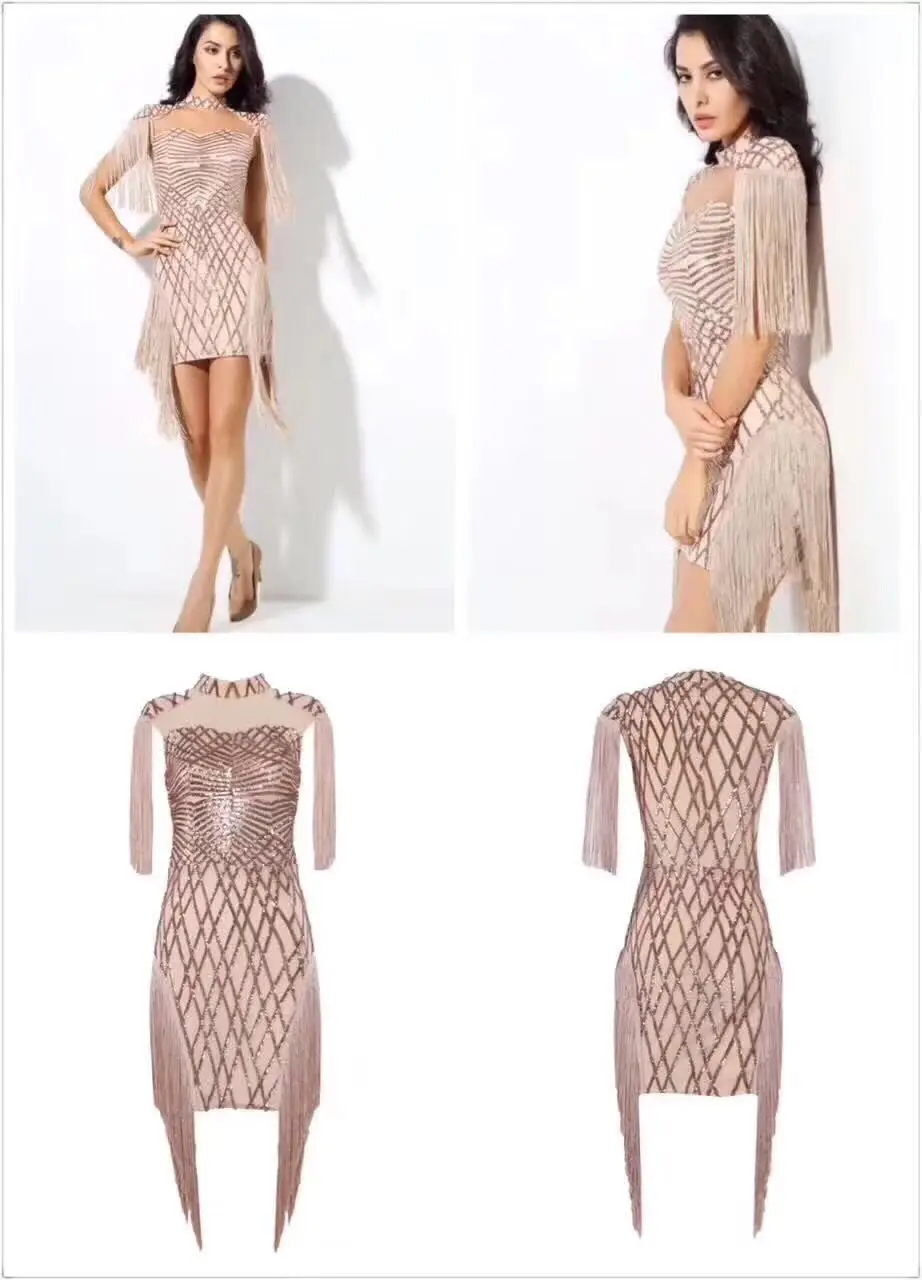 

2018 new arrival Elegant beige Sequined Tassel mesh Women Vestido Turtleneck cut out Sleeveless Bandage Celebrity Party dress