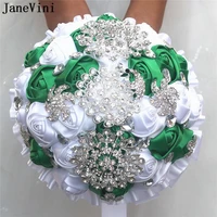 janevini vintage satin rose bridal wedding bouquets handmade green white flowers rose crystal beaded bridal bouquets with ribbon
