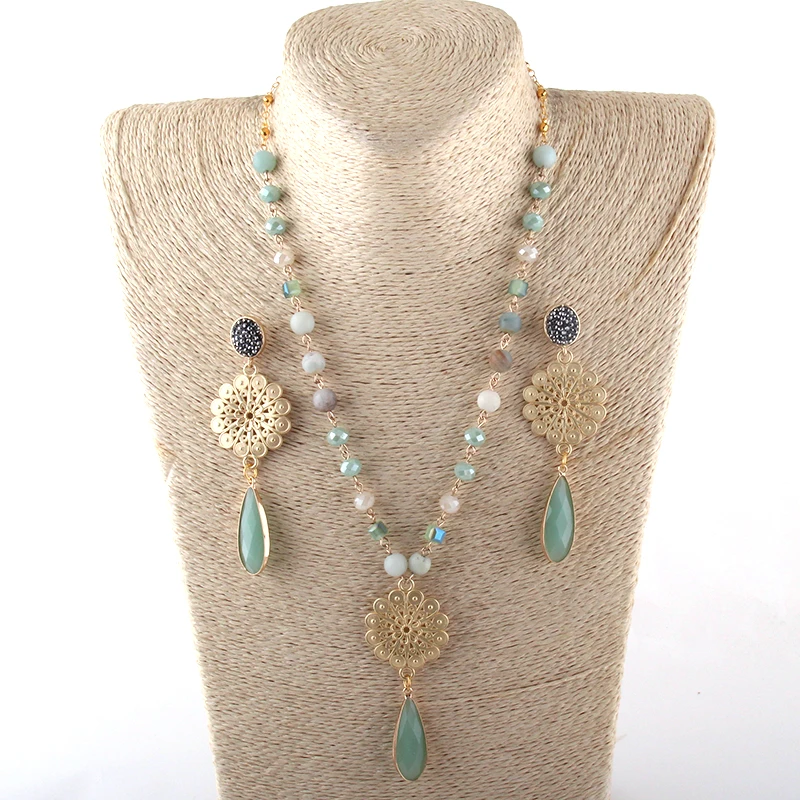 

Fashion Jewelry Set N-E Stone / Glass Rosary Chain Metal Flower Link Glass DropTassel Necklace Bracelet Earring set