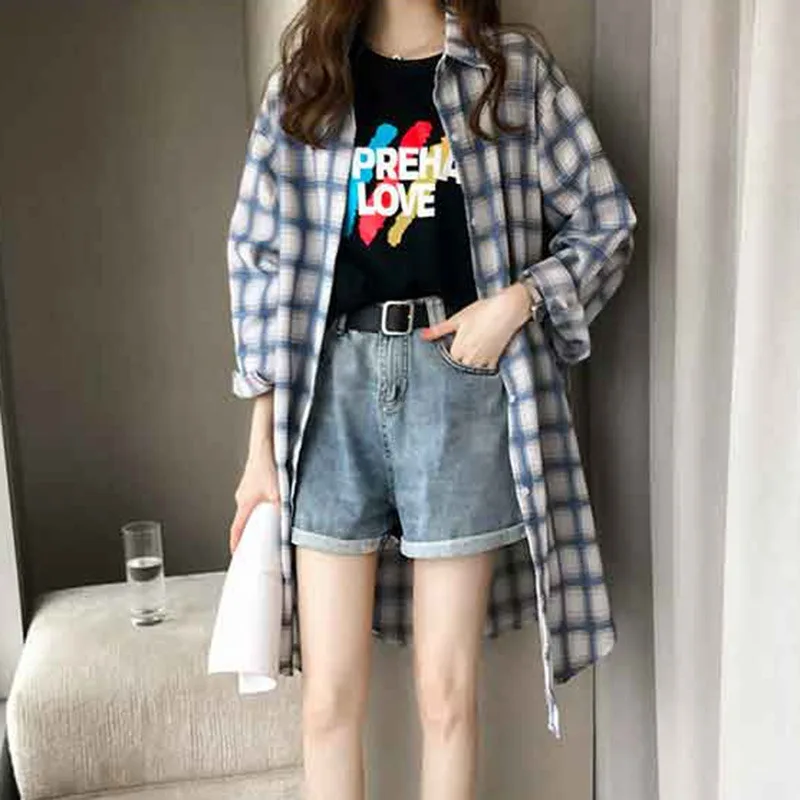 Женские клетчатые Длинные Блузки повседневные свободные рубашки в стиле