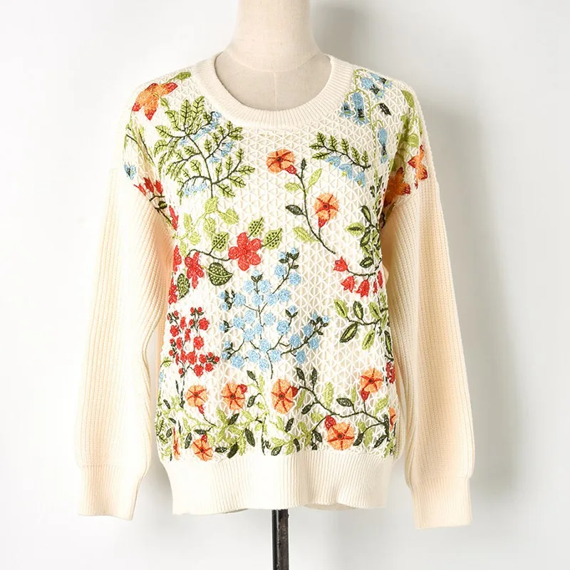 Luxury Embroidery Flower Knit Sweater 2018 Winter New Hollow Crew Neck Female Loose Thick Pullovers Sweaters | Женская одежда