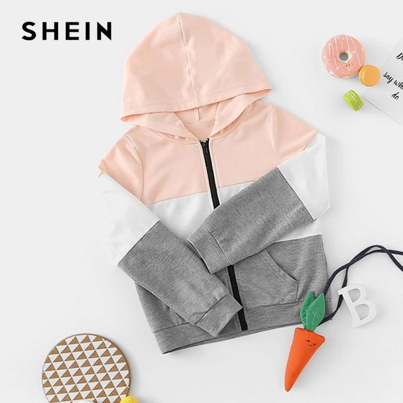 SHEIN/Детская куртка с капюшоном на молнии для маленьких девочек; пальто; детская одежда; коллекция года; весенние повседневные куртки с цветными карманами