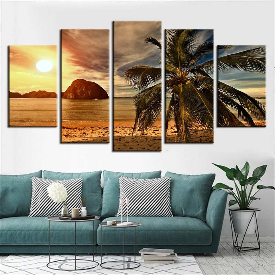 Home Decor HD печать плакатов фото 5 шт. тропический пляж Пальмы Закат Морской пейзаж