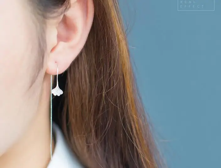 Real. 925 STERLING SILVER Ear Pull Through ginkgo Leaf Threader Earrings Piercing Long Box Chain C-E1639 | Украшения и аксессуары