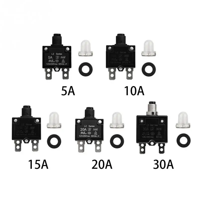 5A/10A/15A/20A/30AMP 10 мм черная пластиковая металлическая кнопка сбрасываемая Тепловая