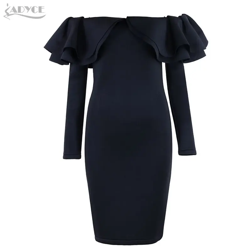 Adyce новые зимние элегантные Для женщин Bodycon знаменитости вечерние платье светло-голубого цвета с длинным рукавом с кружевным гофрированным воротником Клубное платье Vestido - Цвет: Black