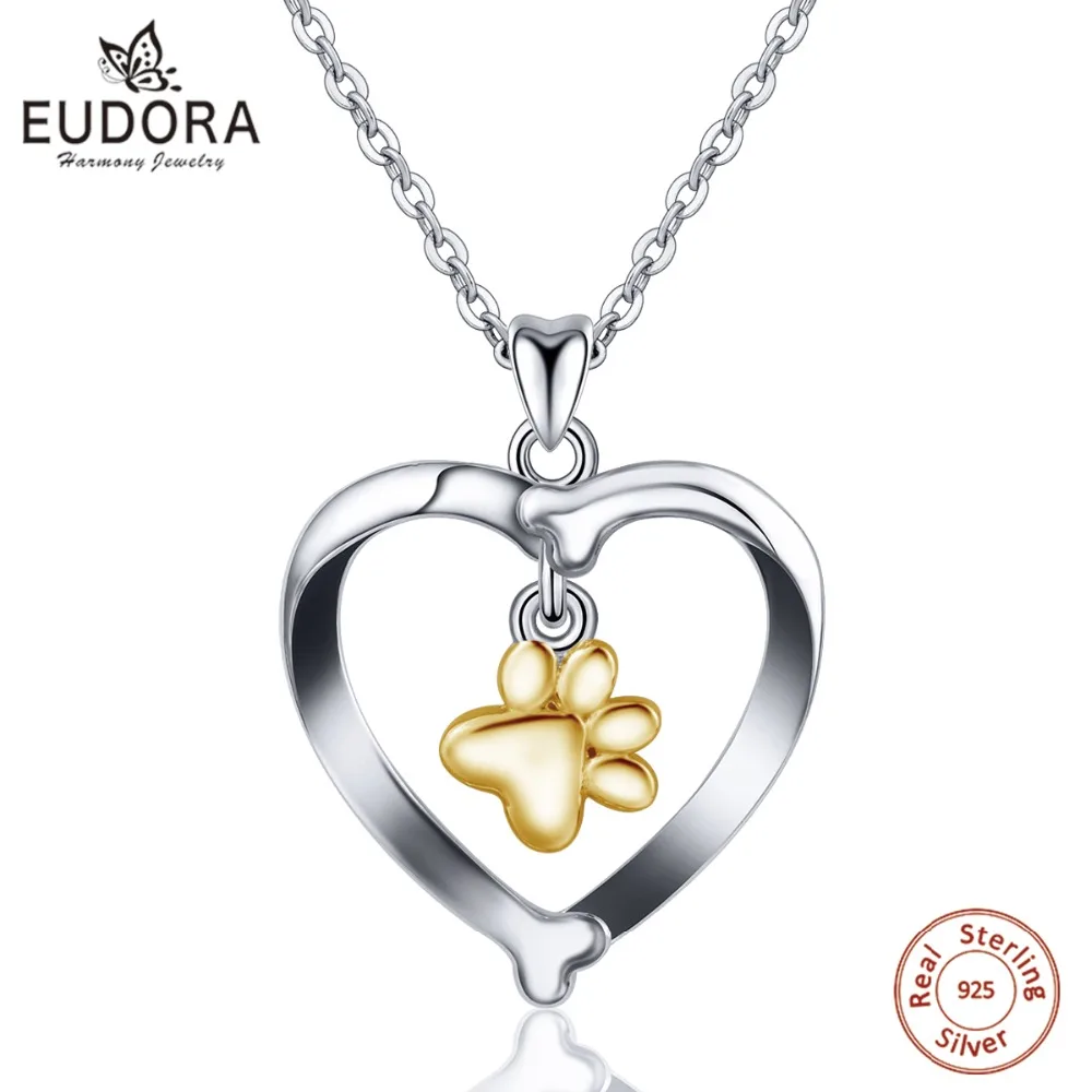 Eudora 925 Sterling Silver Cute Pet Dog Cat Bone & Footprint Pendant Necklaces Women Fine Jewelry For Girl Birthday gift D129