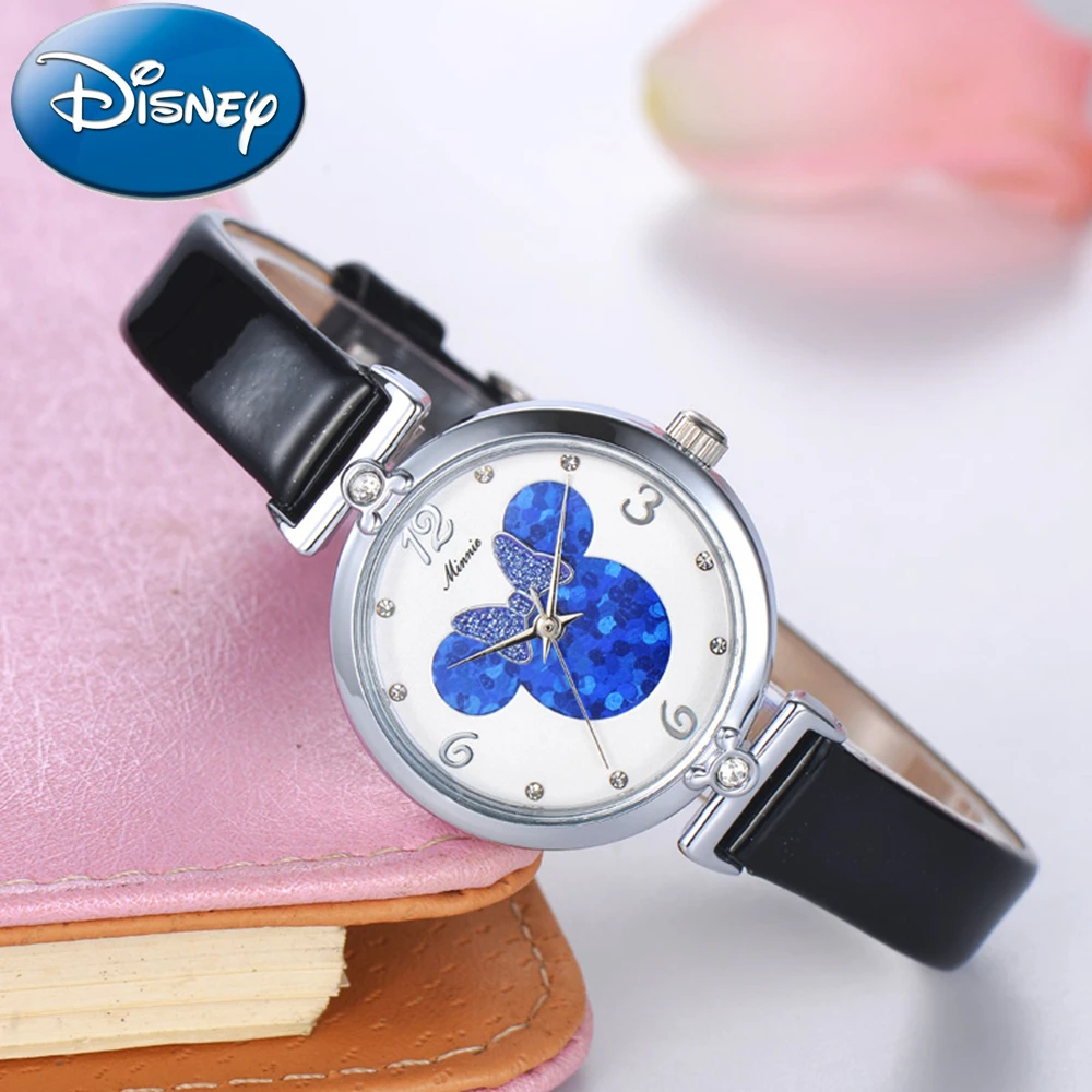 Pretty Girl Wristwatch Beautiful Charming Crystal Watch Women Unique Minnie Bowknot Fashion Casual Quartz Genuine Disney Clock