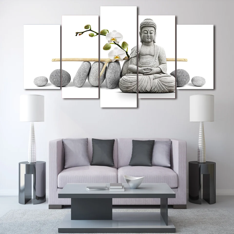 

2019 HD Print 5 piece canvas art Zen Buddha with orchid painting buddha canvas prints No Frame