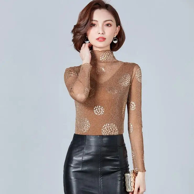 Moda Jihan, женские рубашки, блестящая сетка, кружева, звезды, длинные рукава, Топы И Футболки с внутренней одеждой, тянущаяся рубашка, оборки, обрезка, Топ - Цвет: Коричневый