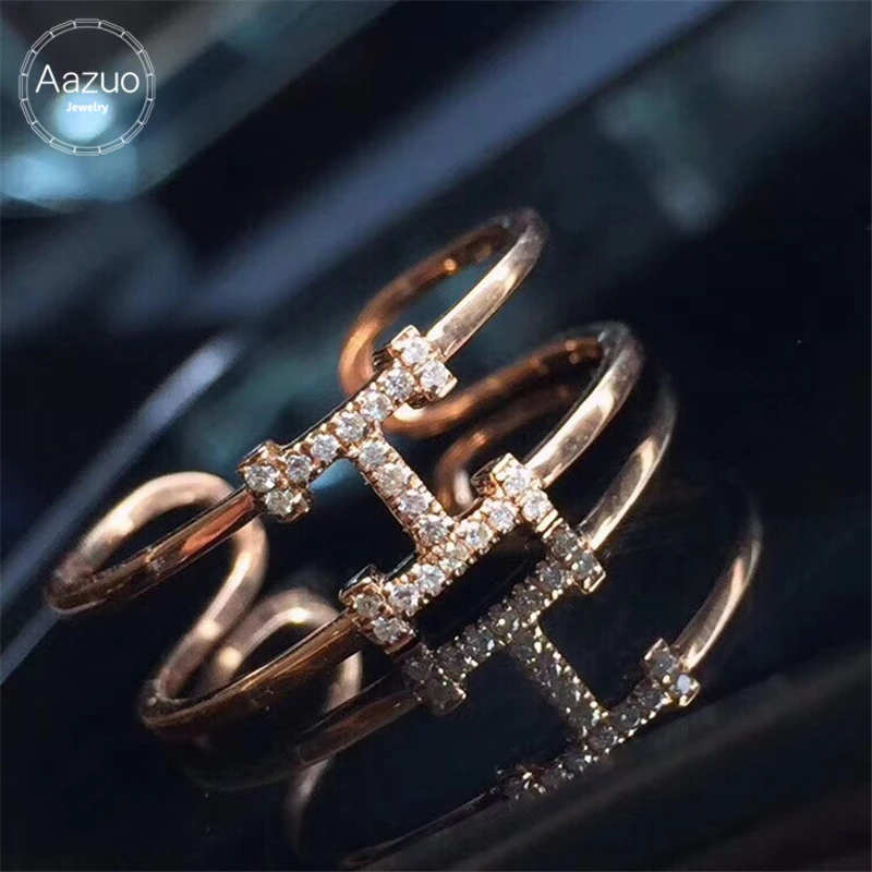 

Aazuo 100% 18K Rose Gold Real Diamond IJ Si Mirco Paved Letter H Open Ring for Woman Charm Jewelry Fashion Love Gift tiny thin
