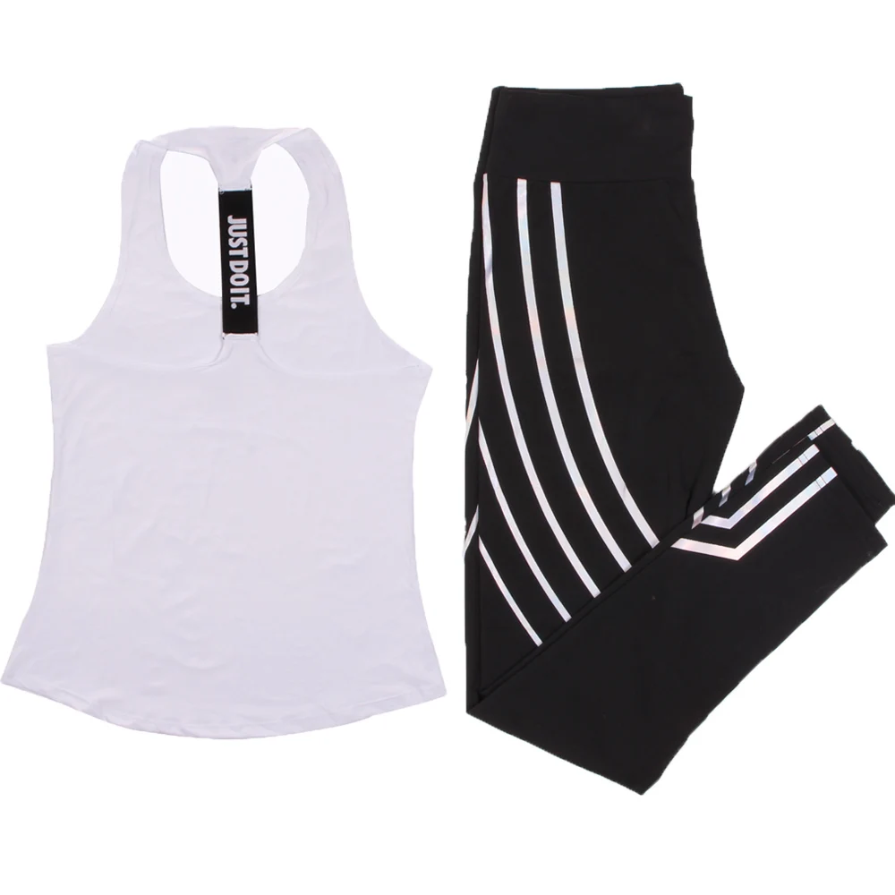 black and white Спортивный комплект для женщин, комплект для йоги, спортивный топ, жилет, светоотражающие леггинсы, одежда для фитнеса, трико для бега, тренировки, спортзала, Леггинсы для йоги - Цвет: black and white