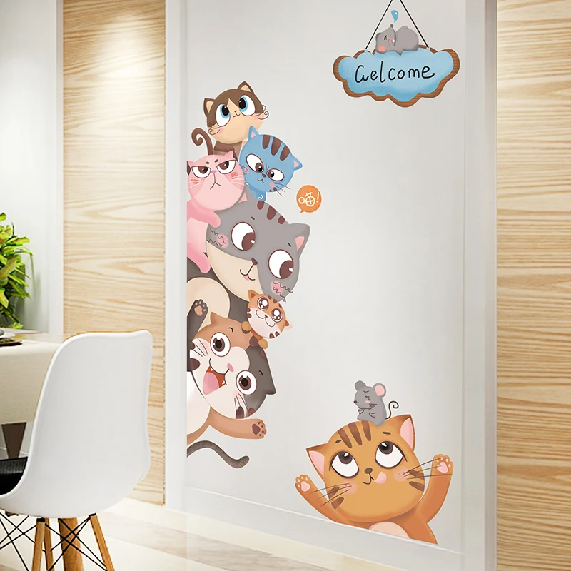 Мультяшные милые кошки Настенный декор наклейка для детской комнаты домашний