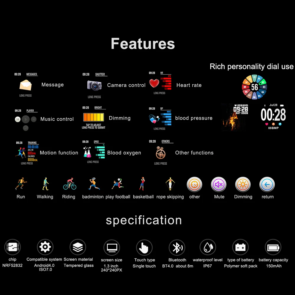 Смарт часы CF58 спортивные мужские и женские кровяное Кислородное давление