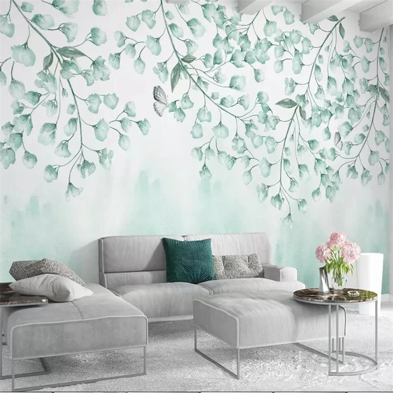 

wellyu Fresh green leaves watercolor style Nordic minimalist TV background wall custom large mural green wallpaper mural