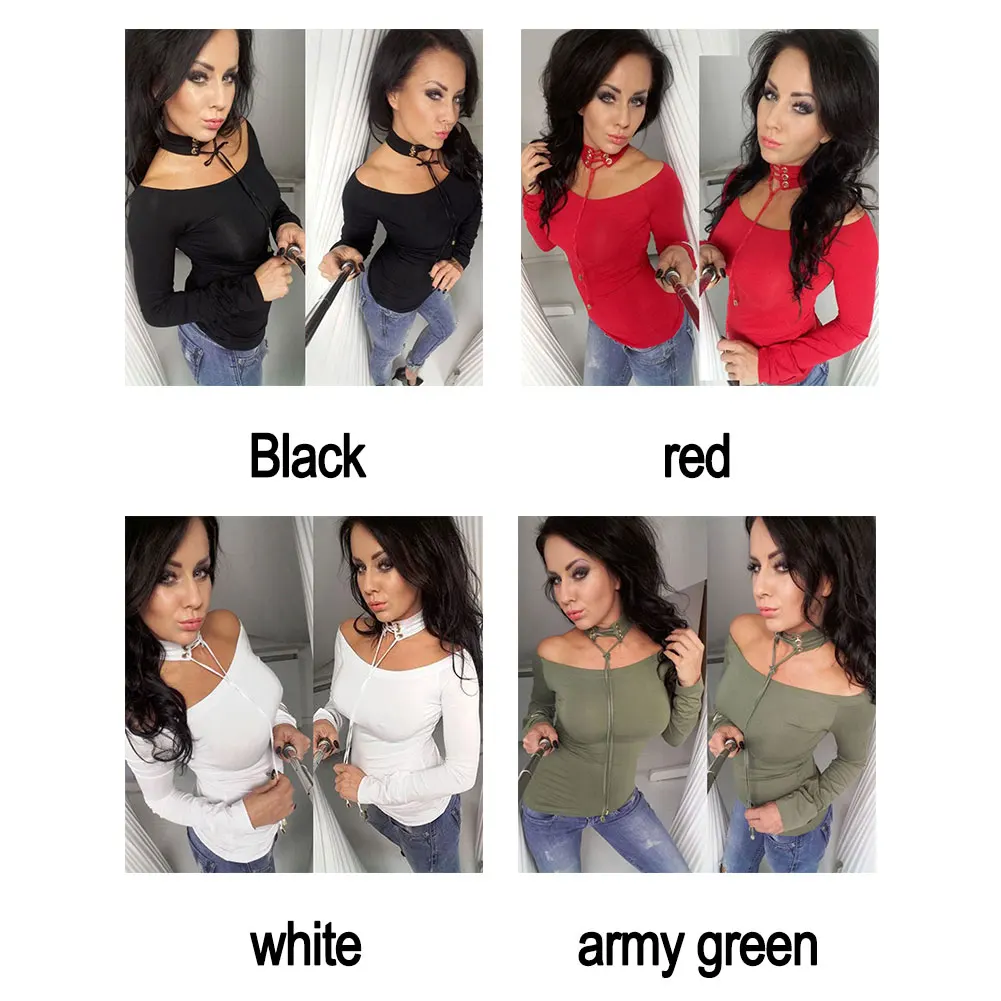 Для женщин Сплошной Цвет сексуальная колье шеи с плеча футболка длинным рукавом