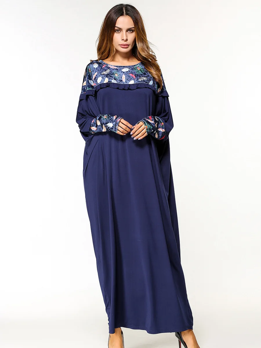 Модное темно-синее женское мусульманское платье abaya с круглым вырезом и рукавами «летучая мышь» Marokkaanse кафтан большого размера дубайское турецкое исламское платье