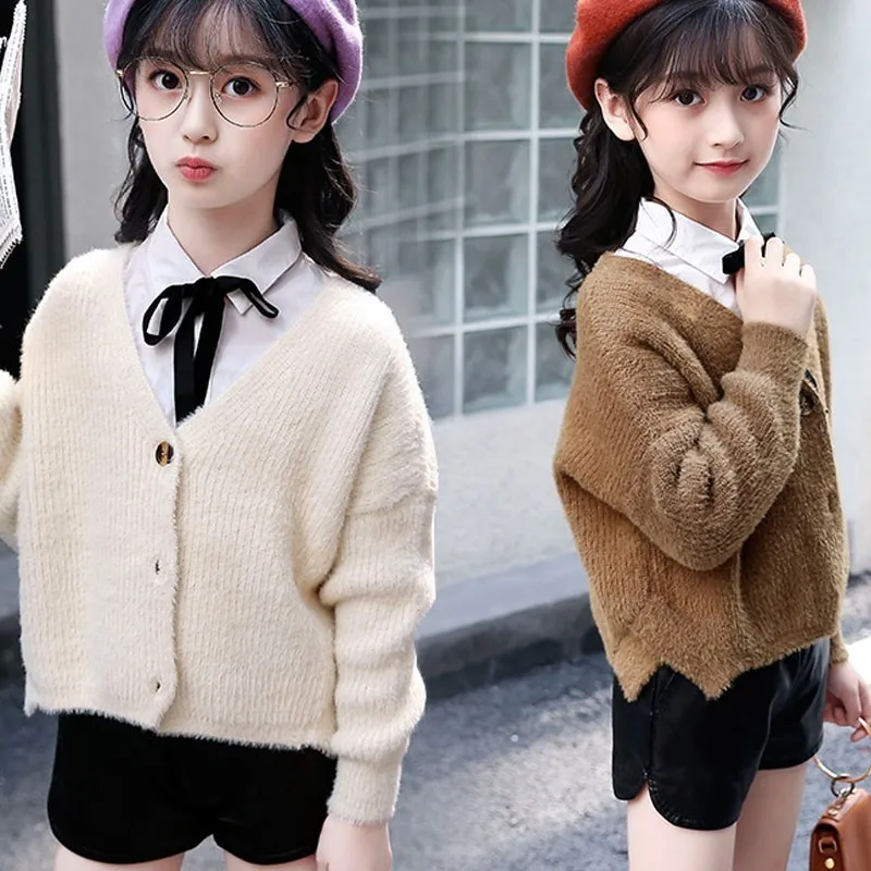 Knitted Sweaters Girl Coat Autumn Spring School Cardigan Knitting Jacket Kids White Brown Tops Clothing Children 2018 New | Детская