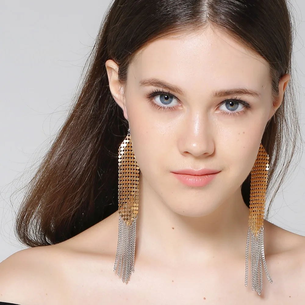Элегантный Для женщин длинной кисточкой Серьги висит Цепи бахрома Блёстки