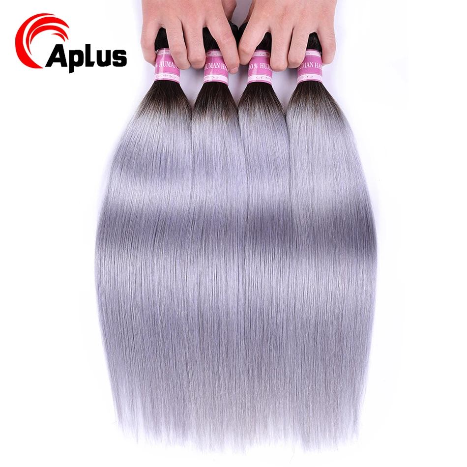 

Aplus Hair T1B/Grey Ombre Brazilian Straight Hair Weave Silver Grey Ombre Human Hair Bundles 4pcs Extension Non Remy 10"-24"