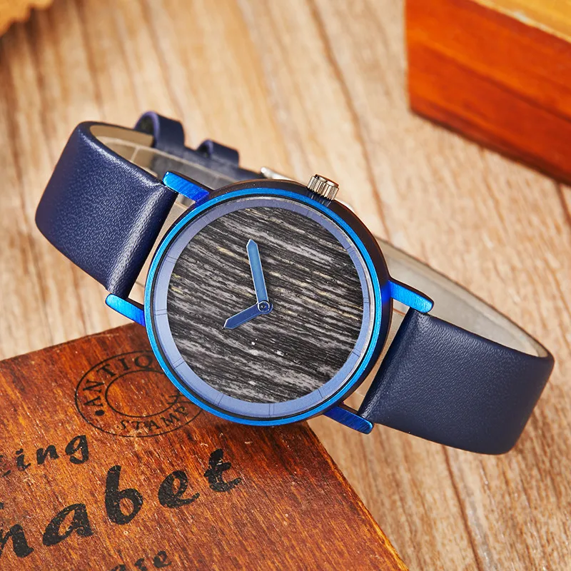 Fashion Wooden Couple Wrist Watch Unique Blue Leather Elegant Clock Lover Wood Original Watches For Women Men Best Gifts | Наручные часы