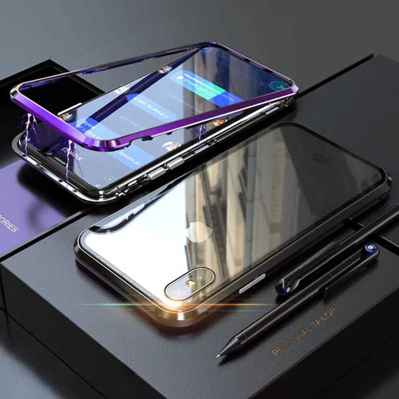 Магнитное закаленное стекло чехол для iPhone X 7 8 Plus 360 Полный Край Защитный металлический бампер+ прозрачная стеклянная задняя крышка чехол
