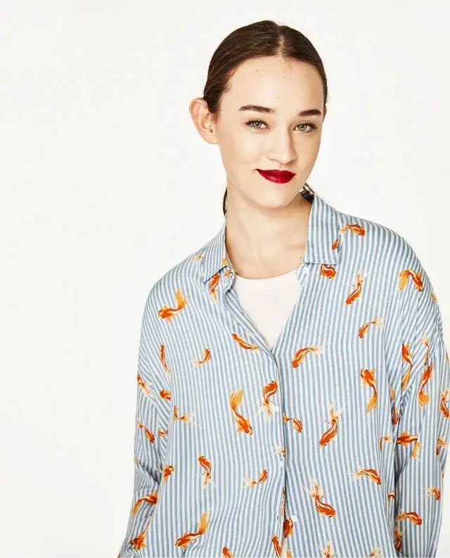 2017 Новый Золотая Рыбка Печати С Длинным Рукавом Блузки Рубашки Женщин Топ-Моды |