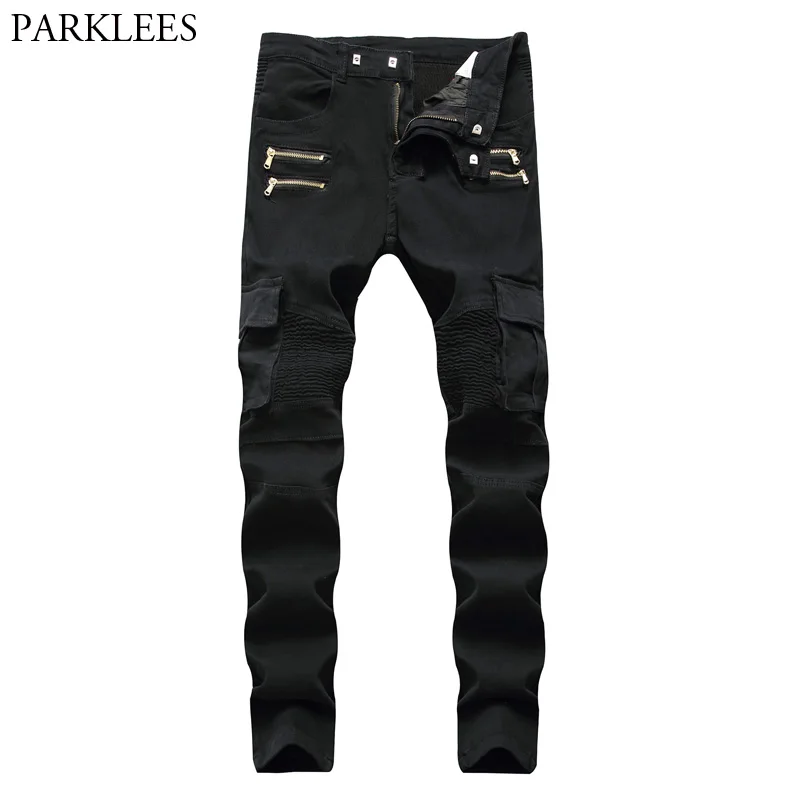 Black Biker Cargo Jeans Pants Men 2018 Brand New Folds Pocket Pencil Jeans Homme Zipper Casual Runway Distressed Motorcycle Jean