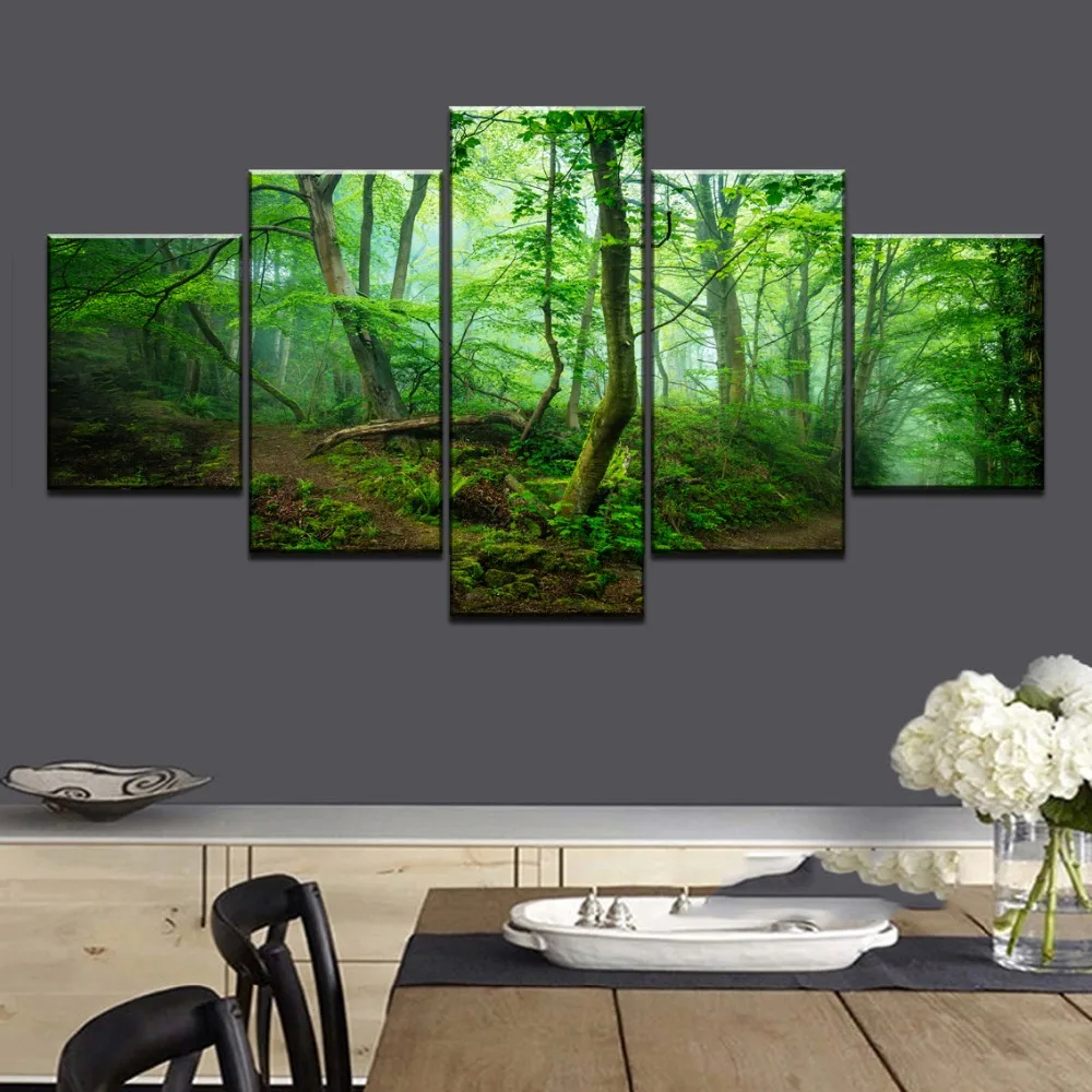 Framed HD 5 Panel Green Tree Forest Path Picture Cuadros Landscape Canvas Wall Art Home Decor For Living Room Painting | Дом и сад